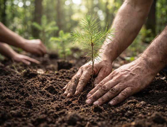 Mani che piantano una giovane piantina nel terreno