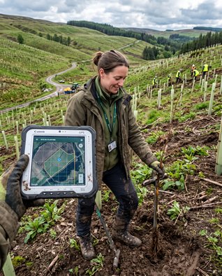 Operatore in campo con tablet e mappatura GPS del sito di piantumazione