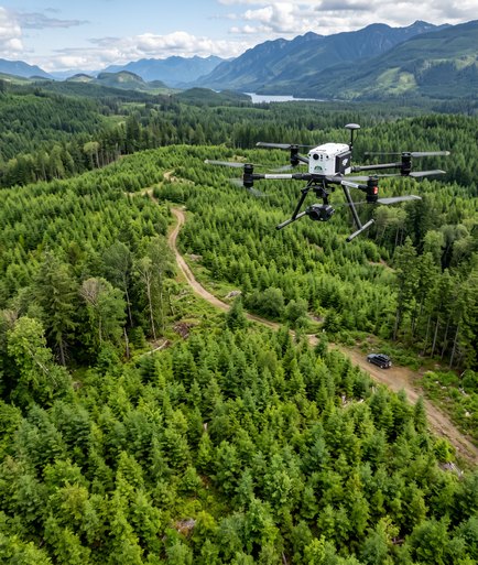 Drone in volo sopra la foresta per il rilievo aereo di monitoraggio